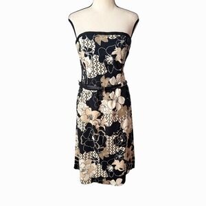 Old Navy Y2K Vintage Strapless Dress Floral Print Black Cream Knee Length Belted